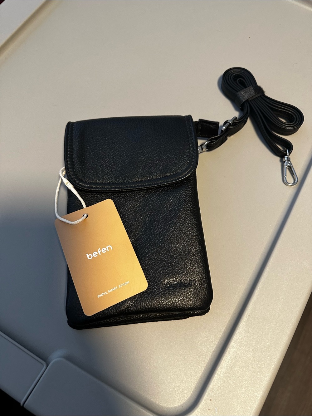 Befen Black Leather Phone Crossbody Case with Strap